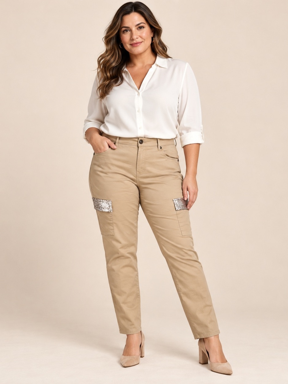 Plus-Size Tan Cargo Jeans with Sequin Pocket Detail